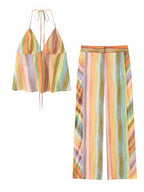 HH Fashion 2026 Women's Colorful Striped Two-Piece Set Summer Halter Neck Crop Top+Wide Leg Pants Resort Beach Outfit - Matrix-studios.com