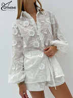 Oymimi Summer White Cotton 2 Piece Sets Women Outfit Casual Jacquard Button Wrist Sleeve Shirts And High Waist Shorts Female Set - Matrix-studios.com
