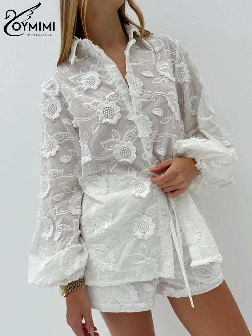 Oymimi Summer White Cotton 2 Piece Sets Women Outfit Casual Jacquard Button Wrist Sleeve Shirts And High Waist Shorts Female Set - Matrix-studios.com