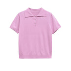 YENKYE New 2025 Women Basic Jersey Polo Collar T Shirt Short Sleeve Front Button Rib Trim Tees Spring Summer Crop Top - Matrix-studios.com