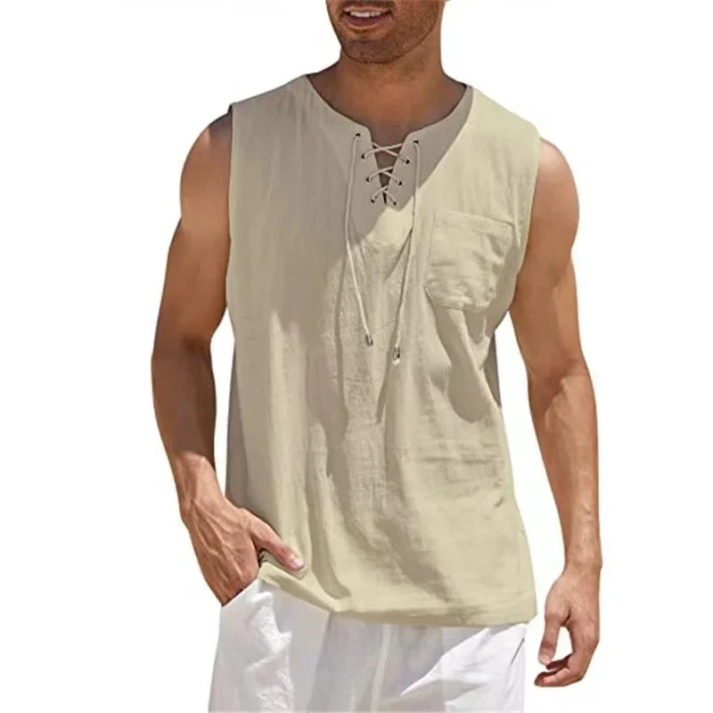 Cotton Linen Shirts Men's Casual Sleeveless Vest Lace Up Shirts Retro V Neck Tank Tops Loose Shirt Male Solid Color Clothes - Matrix Studios