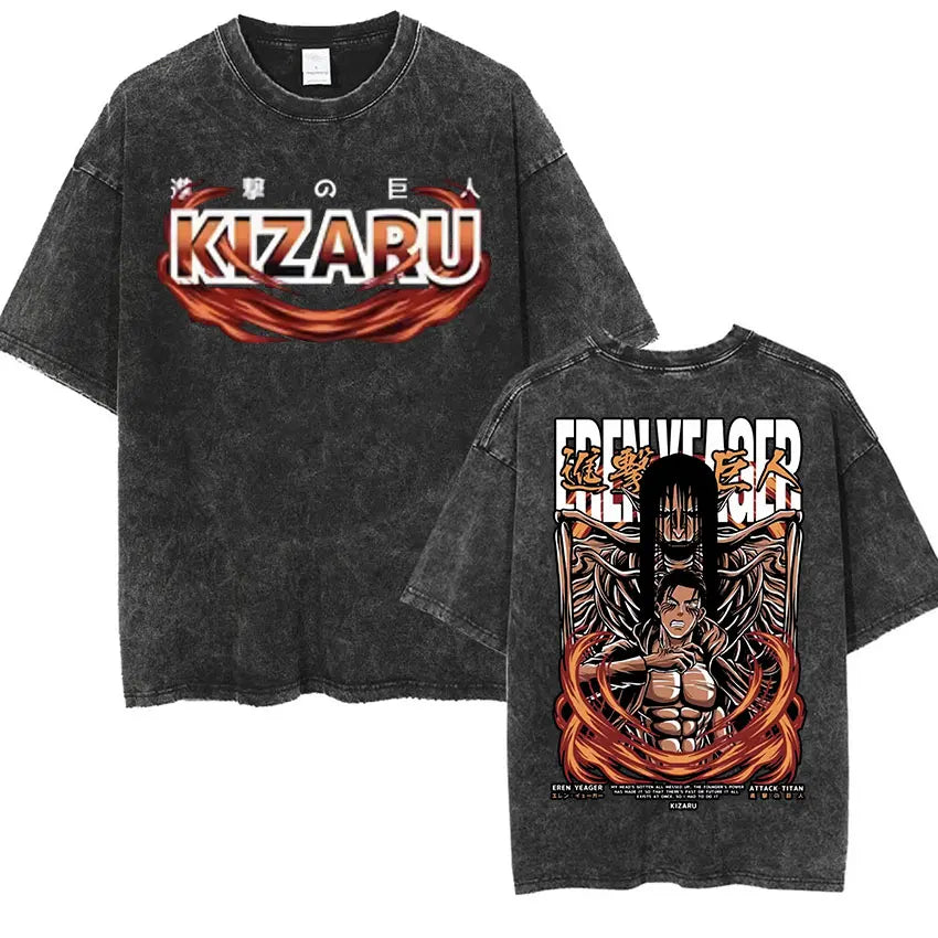 Anime Attack on Titan Vintage Washed Print T-shirt Mikasa Ackerman Eren Jaeger Wings of Freedom Logo Mens Summer Cotton T-shirts - Matrix Studios