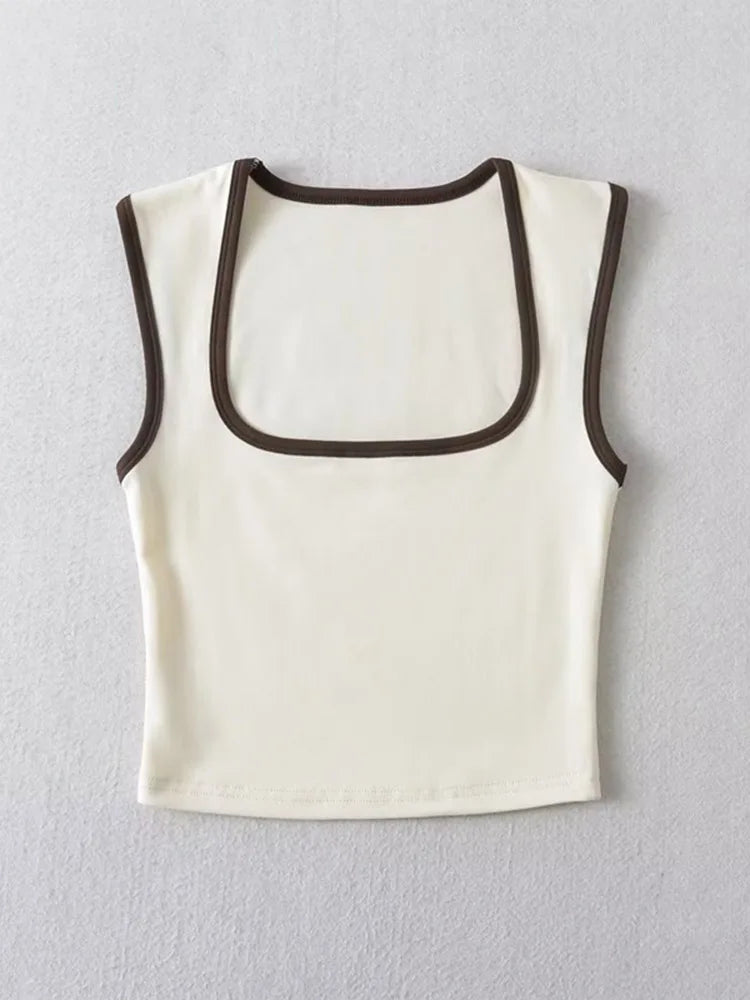 Woman Fashion Slim Solid Contrust Camis Casual Sleeveless Tanks Square Collar Crop Tops Clothing Streetwear Mujer 2024 Y2k - Matrix-studios.com