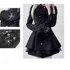 Y2k Aesthetic Lolita Style Bow Dress Shorts Set Japanese Women Gothic Lace Flare Sleeve Button Shirt Dress Punk Party Mini Dress - Matrix-studios.com