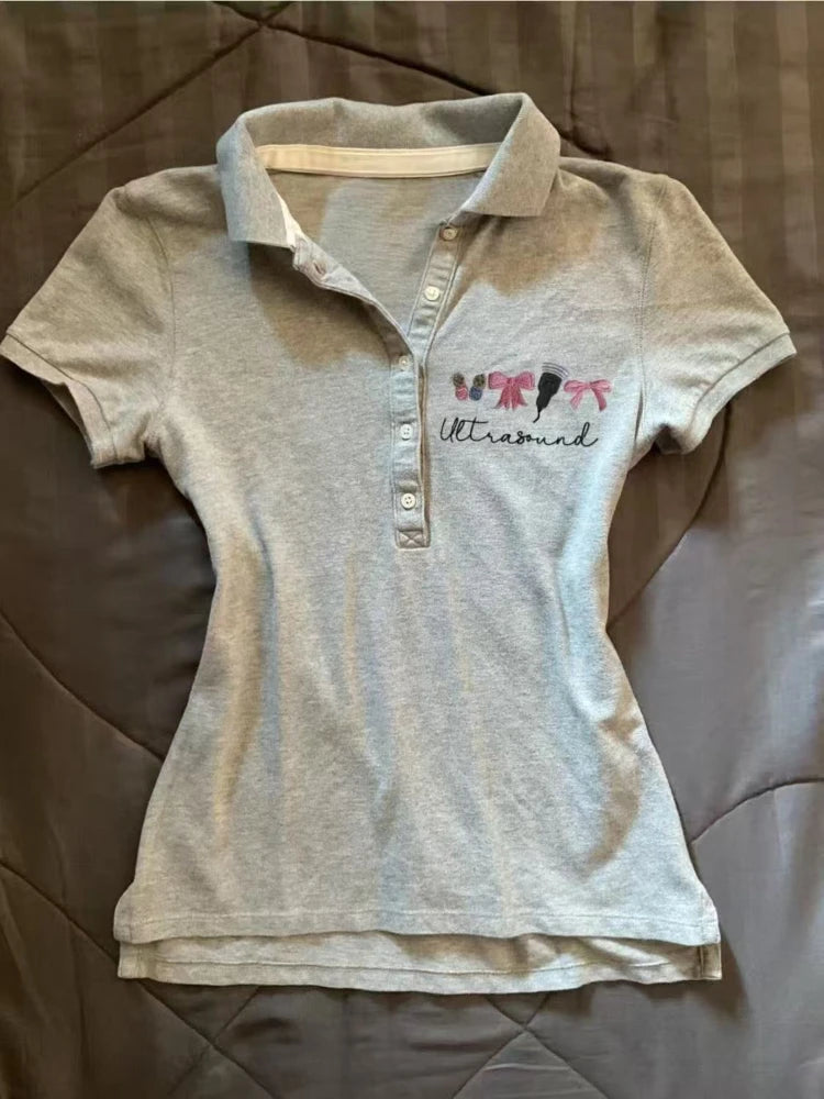 Embroidered Shoulder Polo Neck Short Sleeve T-shirt Female Summer Design Hot Girl Vintage Preppy Style Short Thin Tees Outfits - Matrix-studios.com