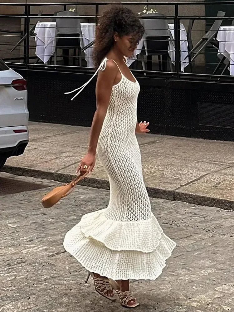 Sexy Spaghetti Ruffle Knit Beach Wrap Dress 2026 Summer Holiday Woman Swimsuits Swimwear Cover Up Chic Slim Party Outfits A2898 - Matrix Studios