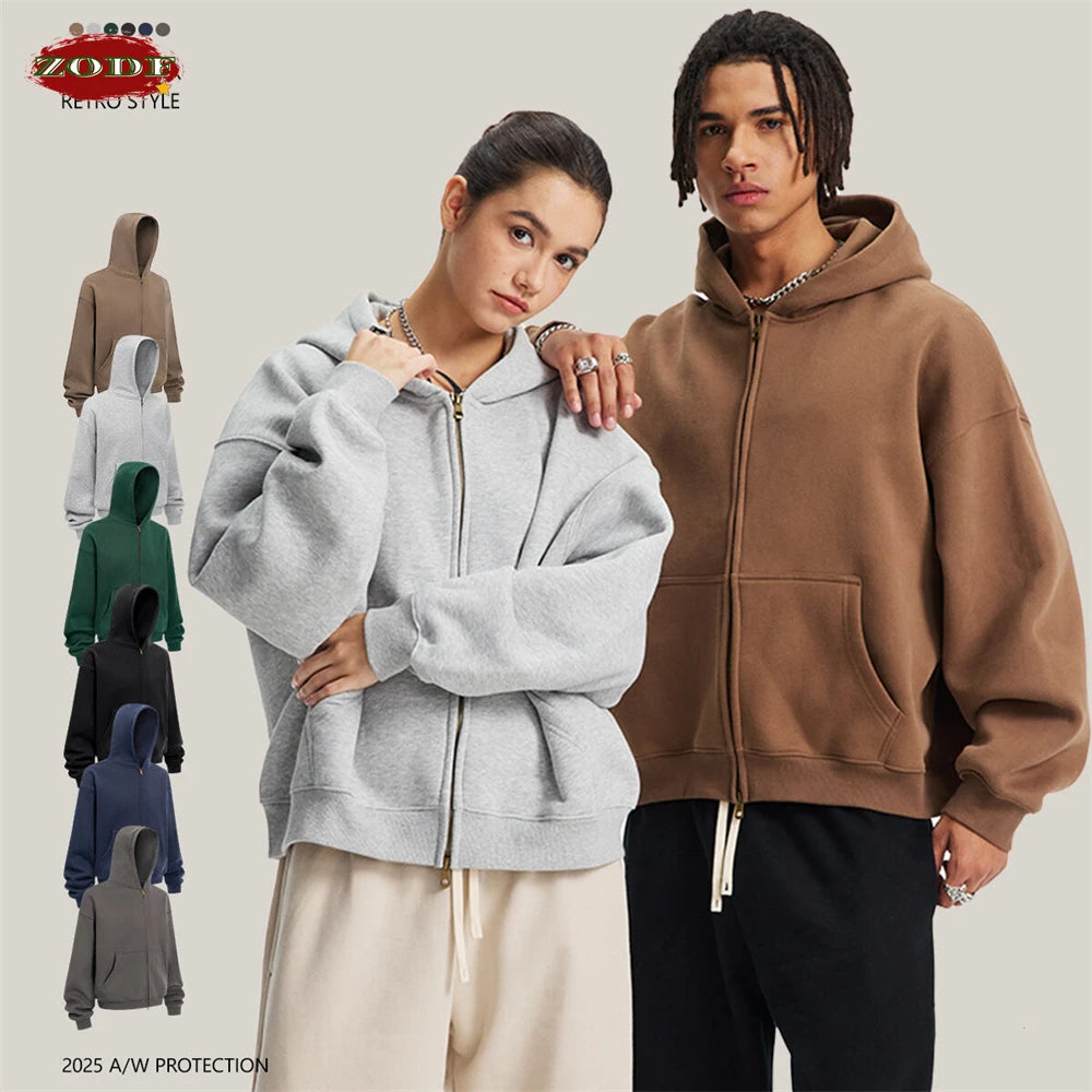ZODF Trendy 2025 Winter Man Solid Fleece Boxy Hoodies Unisex 350gsm Double Head Zipper Hooded Sweatshirts Coat HY1122 - Matrix Studios