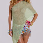 Asymmetrical Women's Knit Sheer Crop Tops Summer One Sleeve Slash Neck Trendy Irregular T-shirt - Matrix Studios