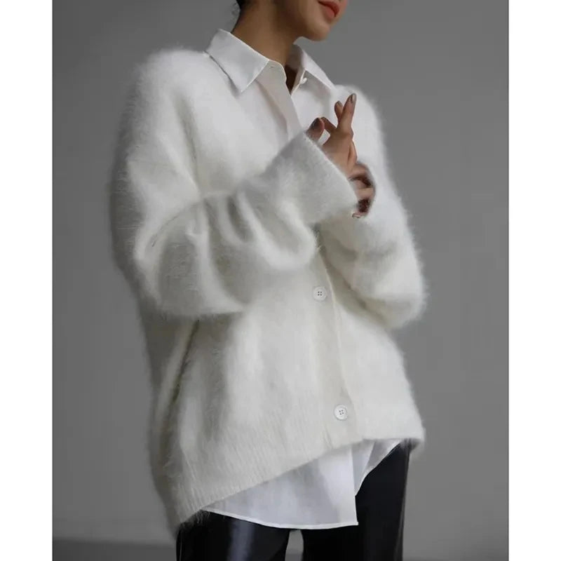 Spring Autumn Women Cardigan Sweater Jacket 2025 Imitation Mink Fur Versatile Female Sweater V-neck Loose Ladies Knitted Top - Matrix Studios