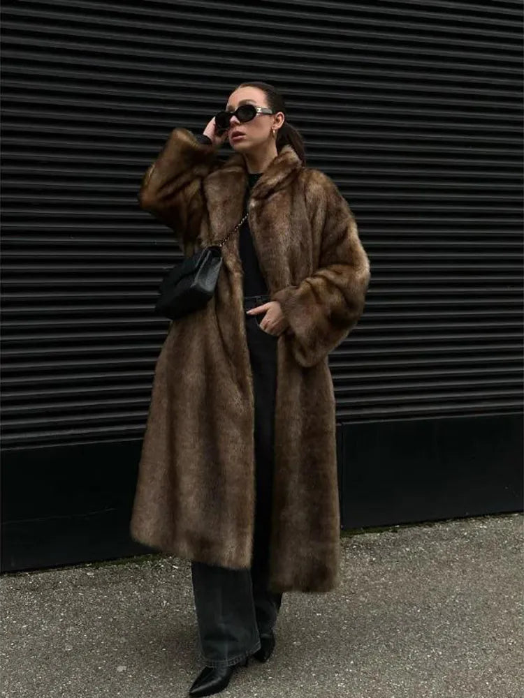Woman Mixed Color Long Faux Fur Coat Fashion Lapel Collar Full Sleeve Loose Overcoat 2025 Winter Lady Warm High Street Outwear - Matrix Studios