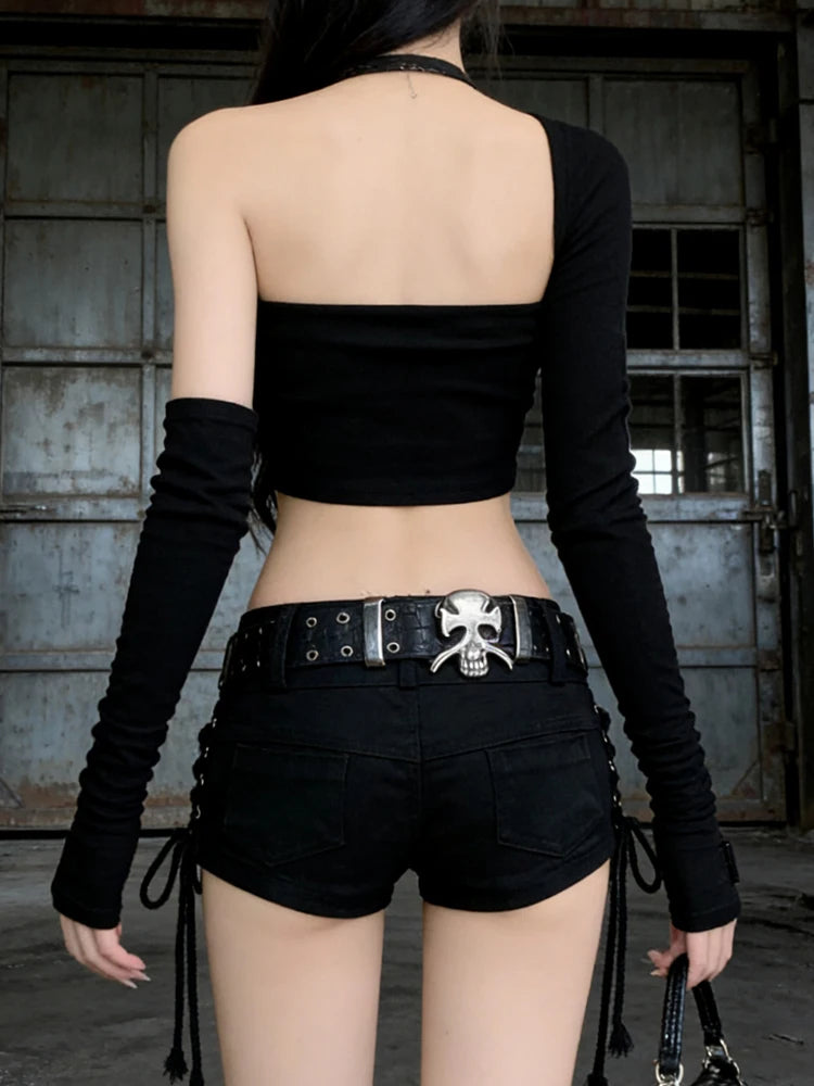 Women's Black Gothic Denim Shorts Vintage Aesthetic Korean Low Waist Jean Shorts Harajuku Y2k Cowboy Short Pants Clothes Summer - Matrix Studios
