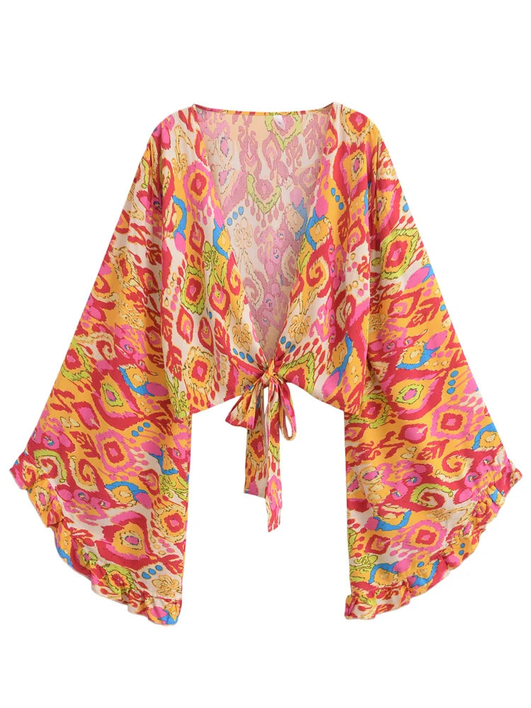 Boho Vintage Floral Print Beach Summer Short Kimono Women 2025 Fashion Ruffles Flare Sleeves Vacation Bohemian Bikini Cover-ups - Matrix Studios