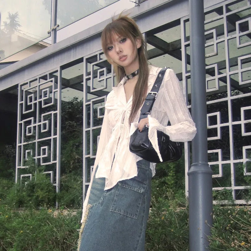 Karrram Y2k Aesthetics Pleated Shirt Fairycore Lace Up Blouse Trashy 2000s Style V-neck Shirt Irregular Japanese Harajuku 90s - Matrix-studios.com