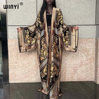WINYI Kimono Women Summer New Print Long Sleeve Cardigan Female Blouse Loose Abaya Casual Beach Cover Up Boho Dress Party Kaftan - Matrix Studios