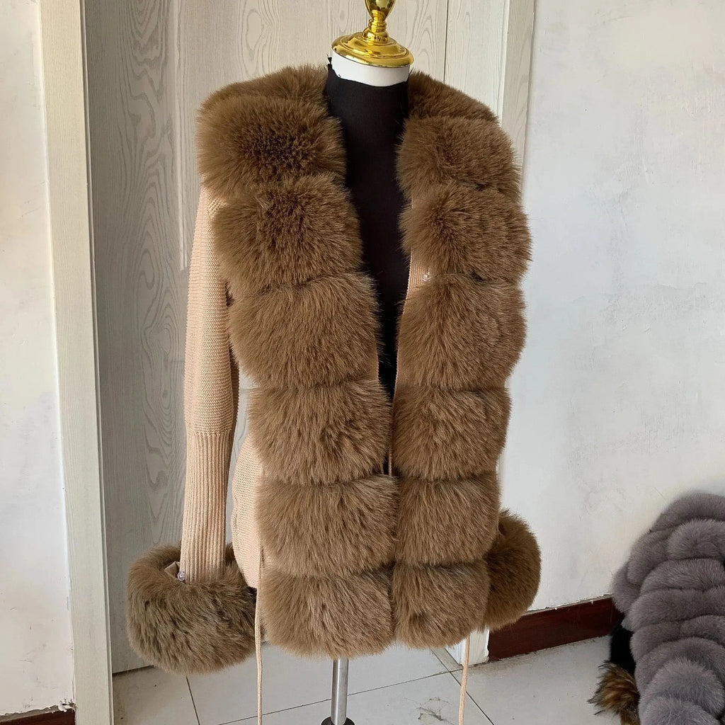 Women Knit Faux Fur Cardigan Spring Autumn Elegant Ladies Fashion Faux Fur Coat Knitted Sweater with Fake Fox Fur Collar - Matrix Studios