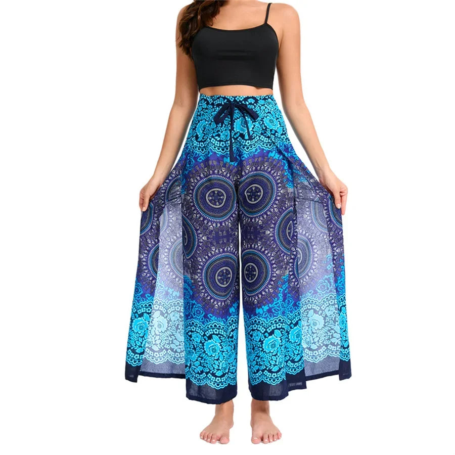 Women's Boho Palazzo Pants Wide Leg Yoga Wrap Tie Up Waistband Beach Cover Up Trousers Rayon Soft Breathable Loose Pants - Matrix Studios