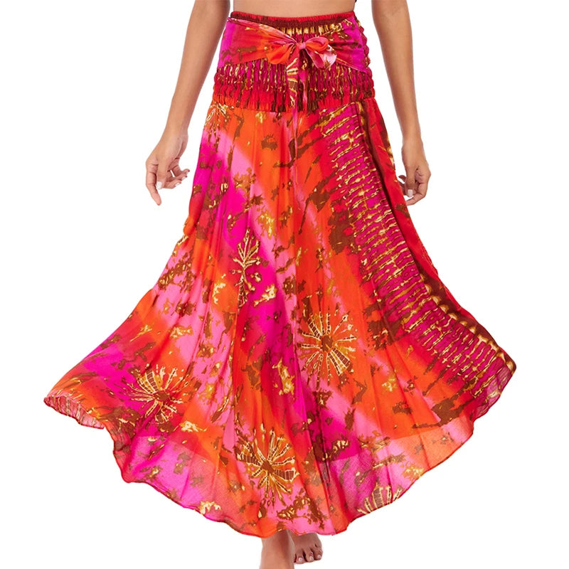 Boho Skirts Women Rayon Beach Long Dress Summer Bohemian Jupe Longue Femme Elastic Waist Print Floral Bandage Halter Hippie - Matrix Studios