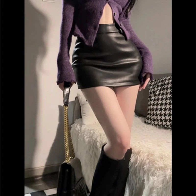 Leather Matte Slim Mini Sexy Fashion PU Hot Short High Waist Skirt Korean Nightclub Streetwear Black And Wine Red Short Skirts - Matrix-studios.com