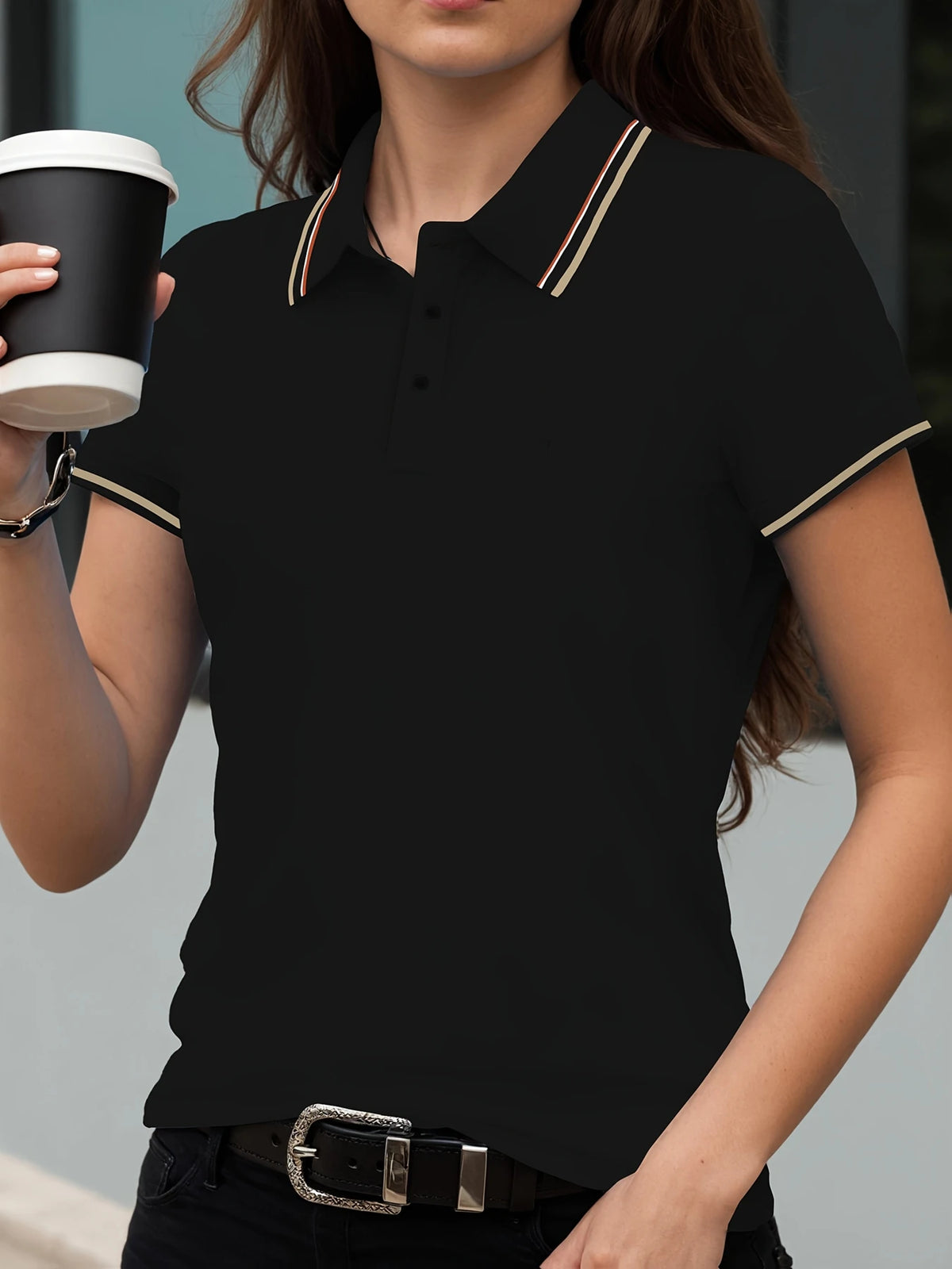 Stripe Solid Color Polo Shirts Sport All-Match Women Short Sleeve Collar Y2K Street T-Shirts  Summer Comfortable Woman Tops - Matrix-studios.com