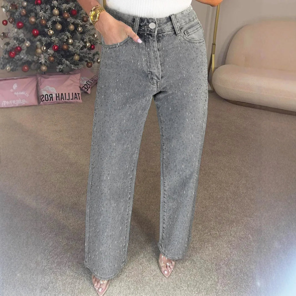 Straight Jeans for Women Diamonds Pants Stretch High Waist Washed Distressed Pockets Vintage Denims Streetwear Female Trousers - Matrix-studios.com