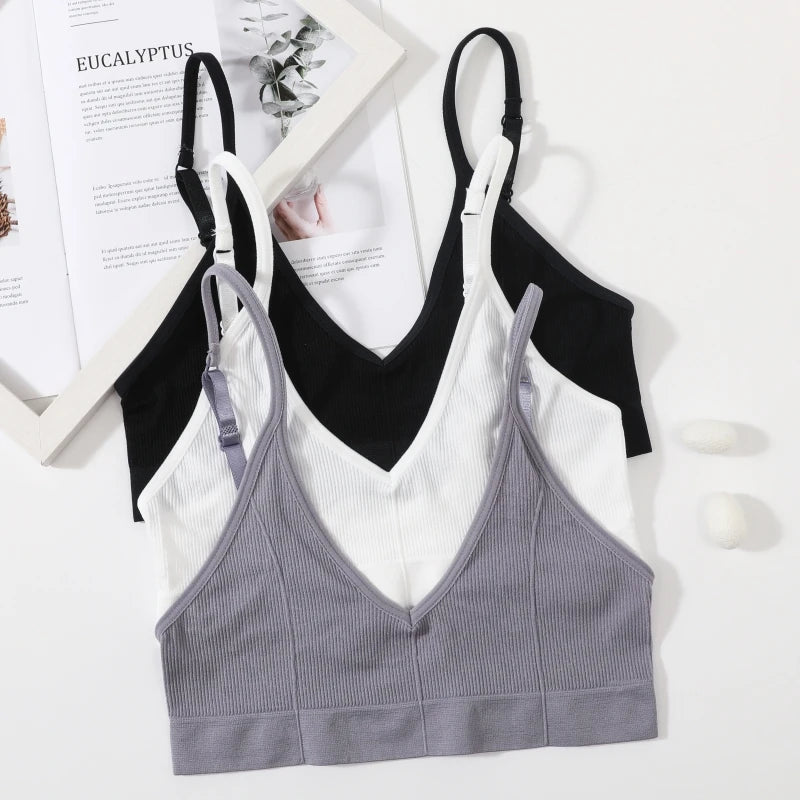 Seamless Tube Top Women's Ribbed V-Neck Wireless Bralette U-Back Daily Wear Bra Sexy Lingerie Adjust Straps Sports Underwear M-L - Matrix Studios