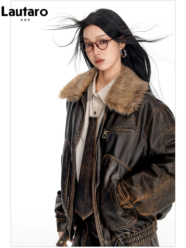 Lautaro Spring Autumn Cool Handsome Vintage Distressed Brown Pu Leather Jacket Women Faux Fur Collar Luxury Designer Clothing - Matrix Studios