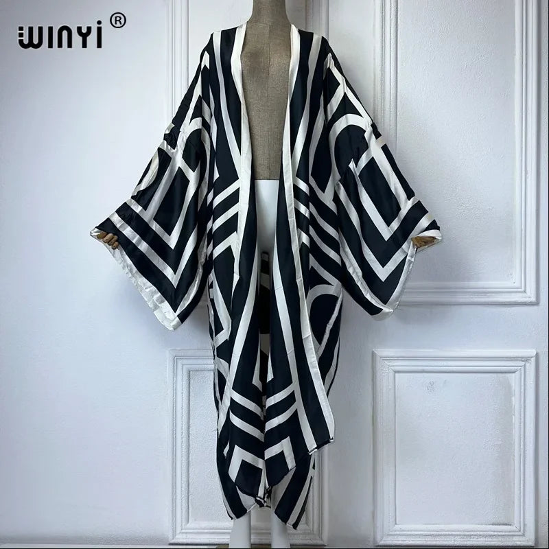 WINYI 2026 Kimono Women Printed Bubble Hem Coat Long Sleeve Cardigan Abaya Dubai Luxury Beachwear Cover Up Boho Dress Caftan - Matrix-studios.com