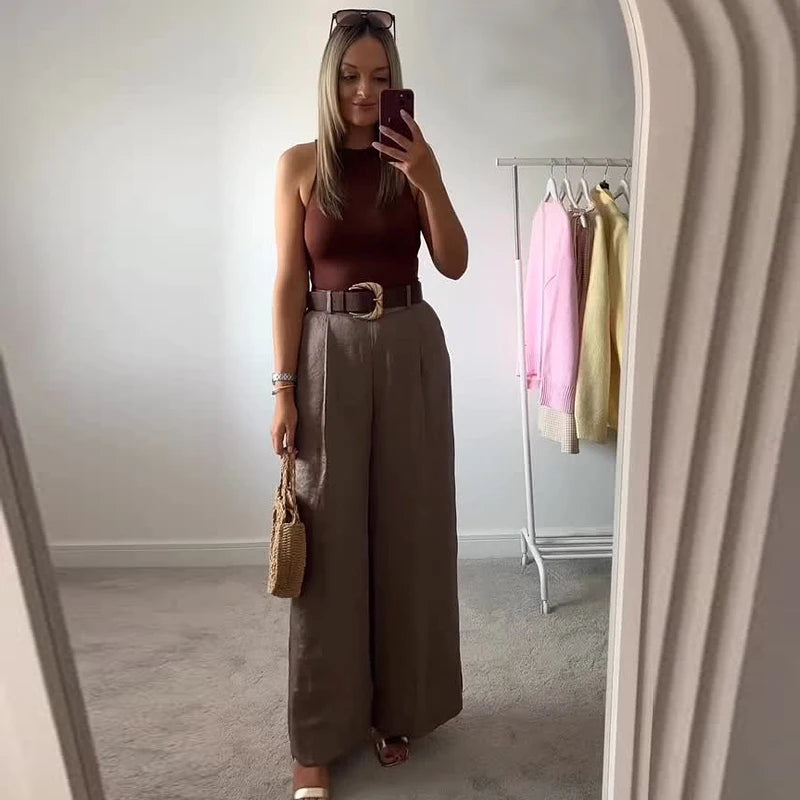 HXAO Women's Pants High Waist Wide Leg Pants with Belt Satin Long Trousers Pockets Casual Baggy Pants Summer Elegant Lady Pants