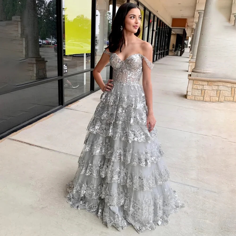 RFYR Puffy Gold Evening Dress Off  Shoulder Vestidos De Noche Sweetheart Layered Prom Dress Appliques Party Dress Customized - Matrix Studios