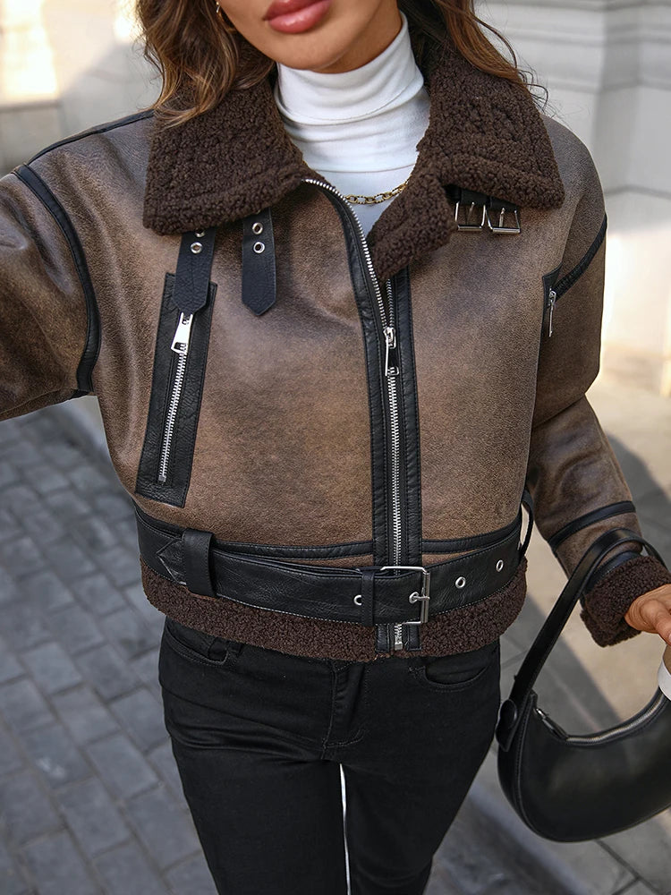 Ailegogo New Autumn Winter Women Loose Short Retro Faux Lamb Fur Coat Streetwear Female Zipper Belt Jacket Outwear - Matrix Studios
