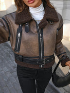 Ailegogo New Autumn Winter Women Loose Short Retro Faux Lamb Fur Coat Streetwear Female Zipper Belt Jacket Outwear - Matrix Studios