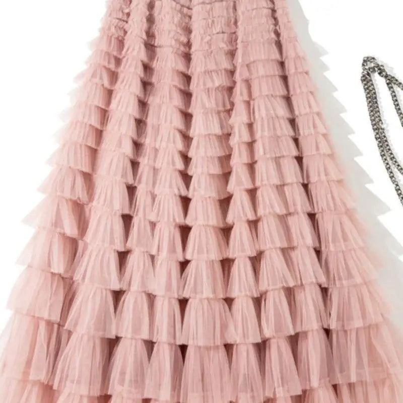 Sweet Layered Cake Me Skirt Elastic Waist Princ Long Dr Korean Sle High Waist Polyester Fabric Mid-Length Skirt - Matrix-studios.com