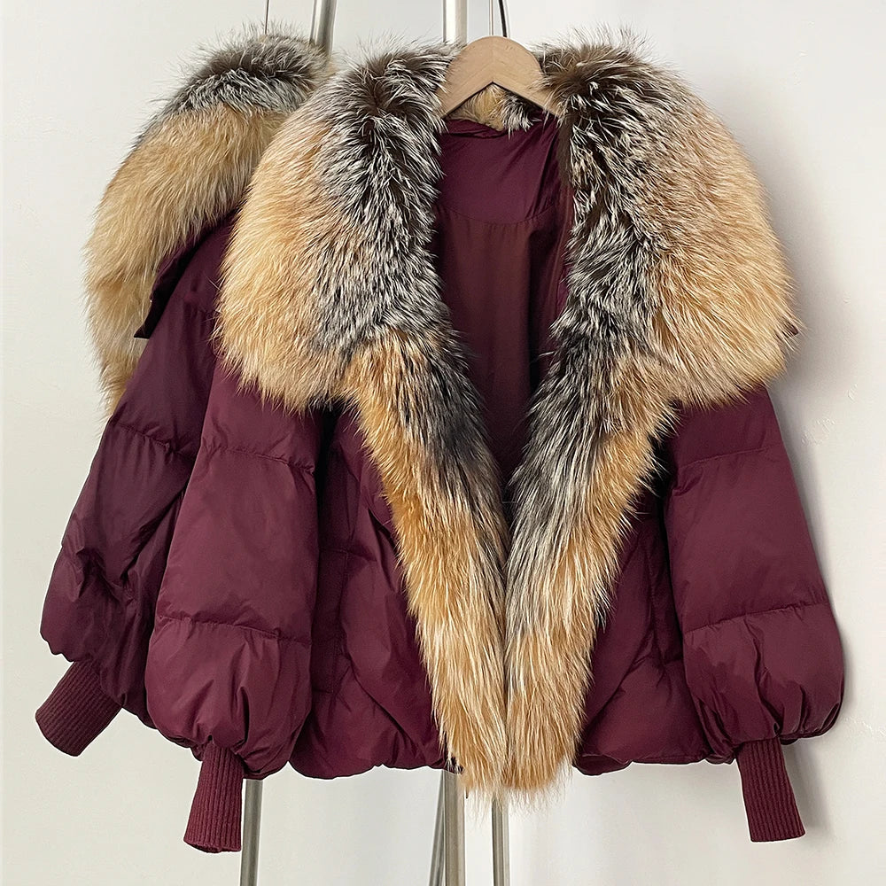 OFTBUY New Winter Large Real Fox Raccoon Fur Puffer Coat Women Oversized Feather Down Parka Knit Sleeve Duck Down Jacket Female - Matrix Studios