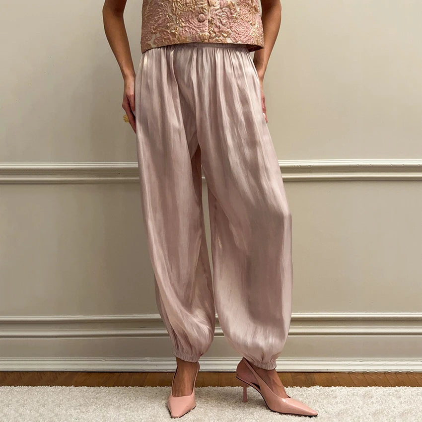 Linad Elegant Pink Crepe Loose Bloomers For Woman Street Chic Pleated Trousers Female Autumn Vintage High Waist Long Pants 2025 - Matrix-studios.com