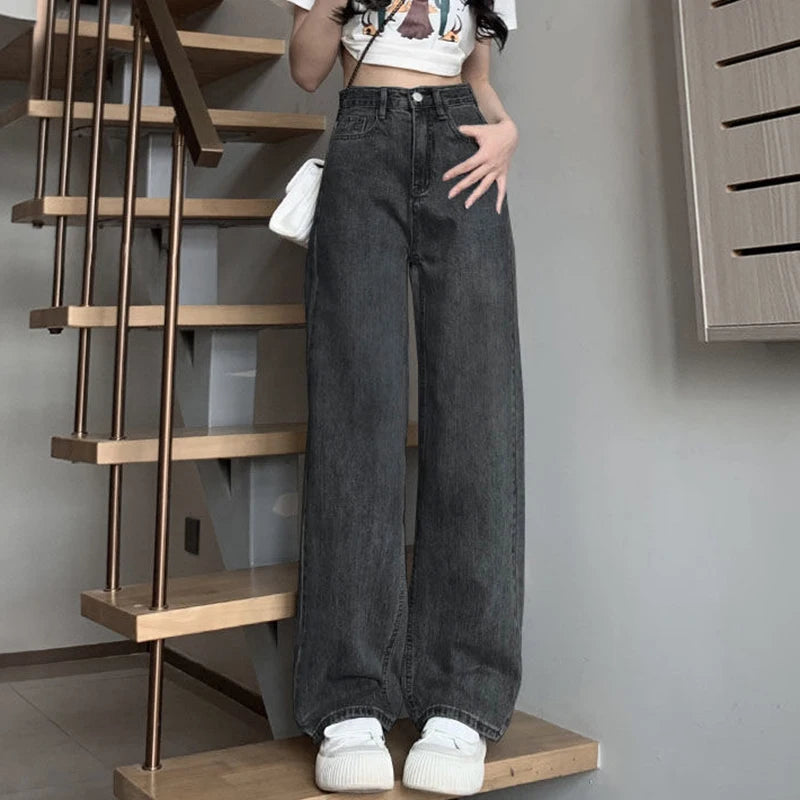 Woman Vintage Wide Leg Jeans Girls High Waist Pants Female Fashion Black Black Grey Retro Blue Light Blue Pink Denim Trousers - Matrix-studios.com