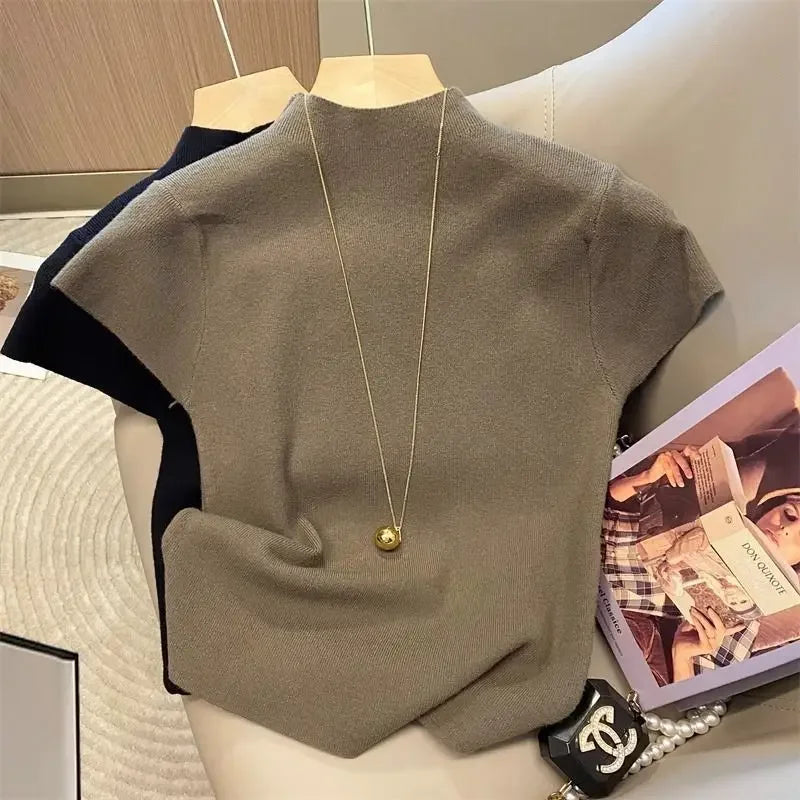 Basic Turtleneck Solid Thin Summer 2026 Pullover Women Female Knitted Sweater Slim Short Sleeve Bodycon Sweater - Matrix Studios