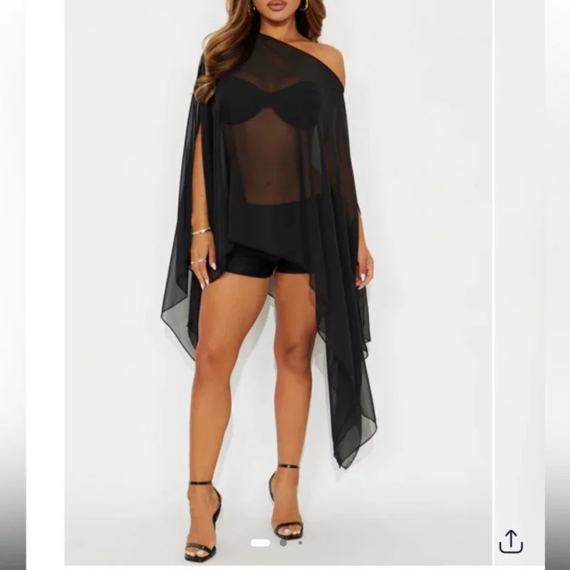Women Chiffon Shawl Wrap Sheer Mesh Asymmetrical Flowy Cape Cover Up Poncho Top Elegant Bridal Capelets - Matrix Studios