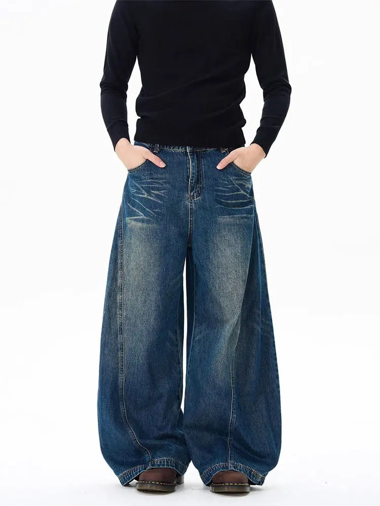 Vintage Black Washed Baggy Jeans Pants Men Wide Leg Curved Blade Pants Streetwear Cowboy Casual Denim Straight Trousers - Matrix Studios