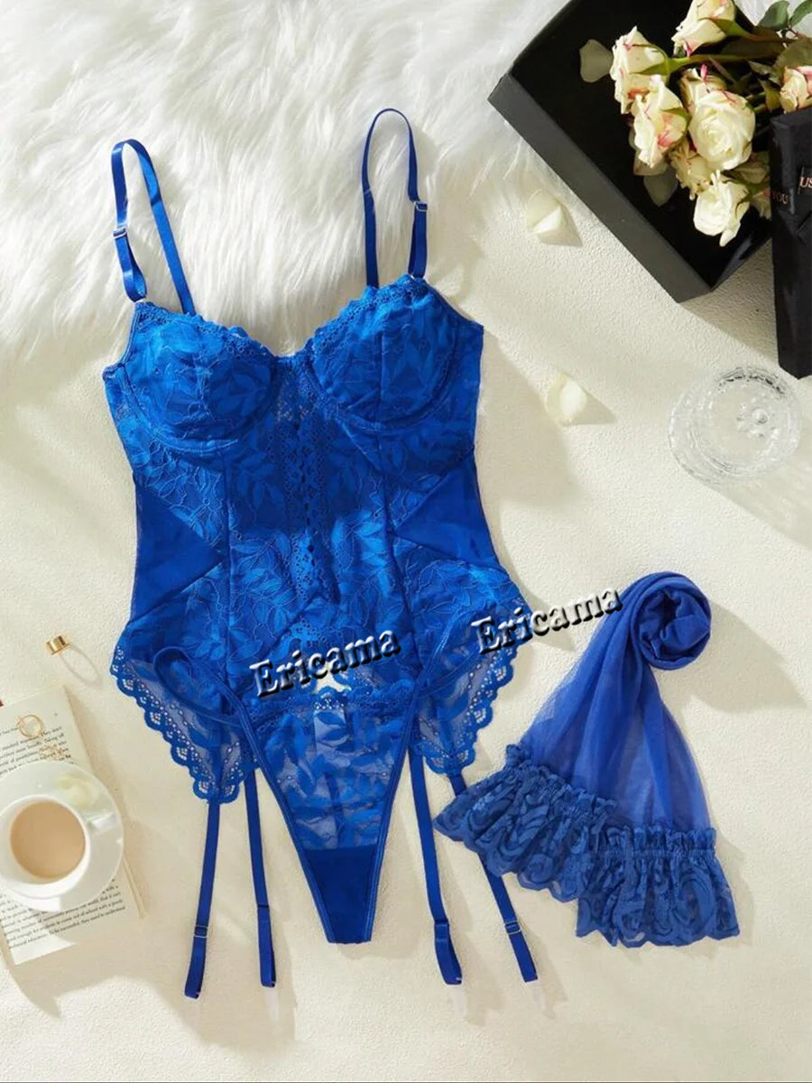 Lingerie Fancy Sexy Lace Underwear 3-Piece Transparent Spliced Bra And Panty Set Garter Intimate Sexy Women's Underwear Lingerie - Matrix-studios.com