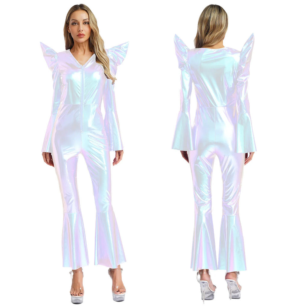 Women Vintage One Piece 70s Disco Dance Rompers Sleeveless Metallic Bell Bottom Flared Pants Jumpsuit for Retro Party Jazz Dance - Matrix Studios