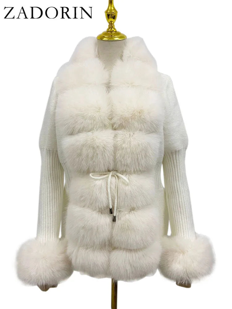 ZADORIN Autumn Winter Women Faux Fur Coat Luxury Knitted Sweater Fur Cardigan Detachable Collar White Pink Jacket Faux Fur Coats - Matrix Studios