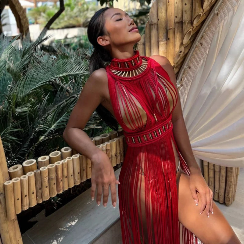 Bohemian Crochet Knitted Women Beach Cover Ups Vintage Tassel Halter Neck Long Maxi Dress Backless Vestidos Customizable Colors - Matrix Studios