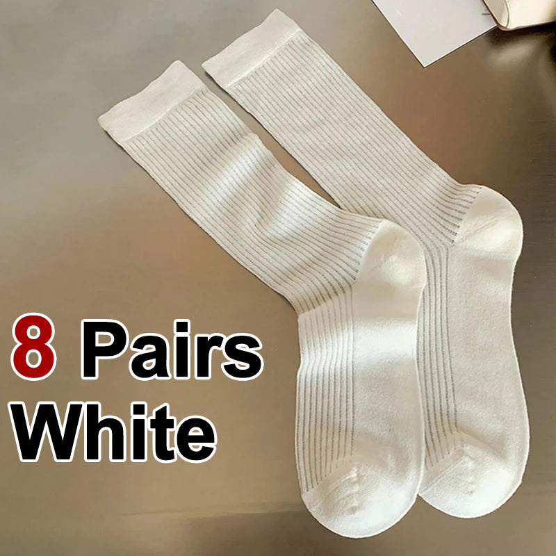 4/8 Pairs Women Solid Color Striped calf Socks Fashion Korean Version Simple Spring Summer Breathable Comfortable Stacking Socks - Matrix Studios