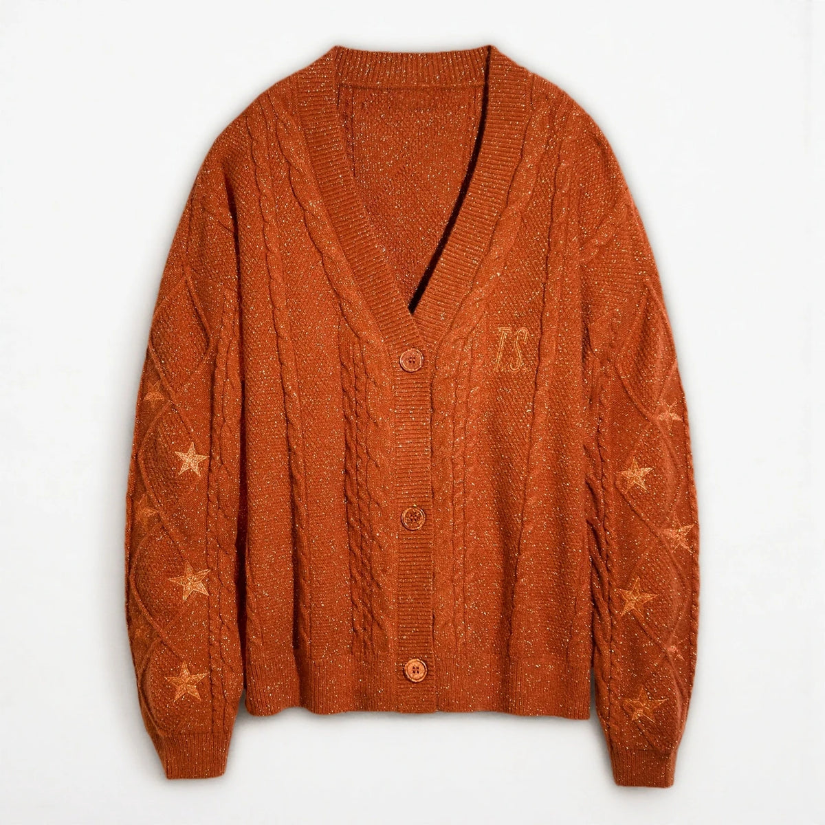 Winter Women Glittery Chunky Knit Sweater with Star Embroidery Orange Cardigans Spring Woman Y2k Gold Thread Show-girl Cardigans - Matrix Studios