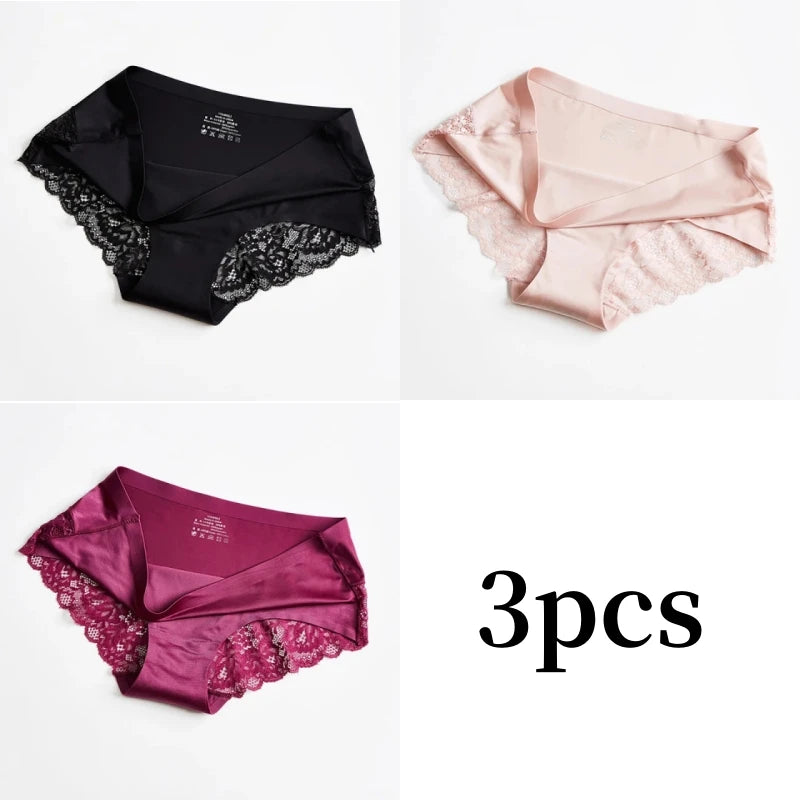 3pcs Lace Women's Panties French Seamless Underwear Female Ice Silk Briefs Solid Color Breathable Underpants Lingerie - Matrix Studios