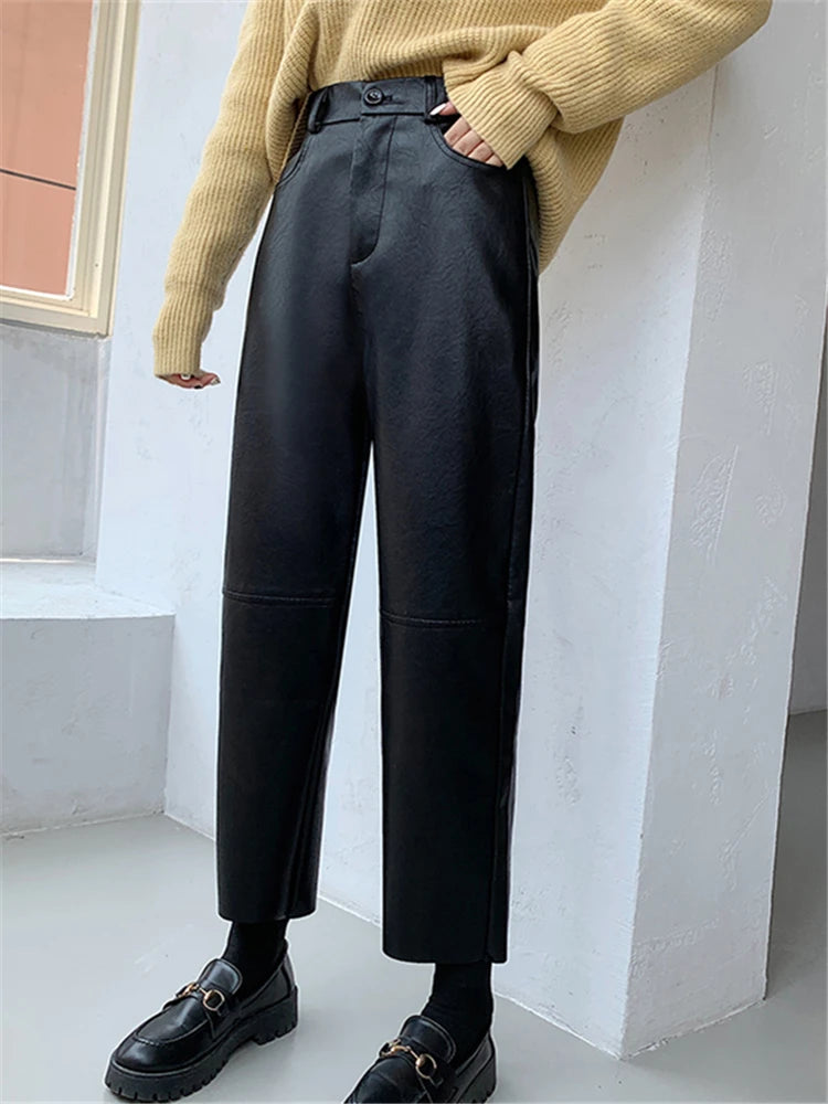 Seoulish Autumn Winter PU Faux Leather Women's Wide Leg Pants High Waist Female Casual Loose Ankle Length Trousers 2023 New