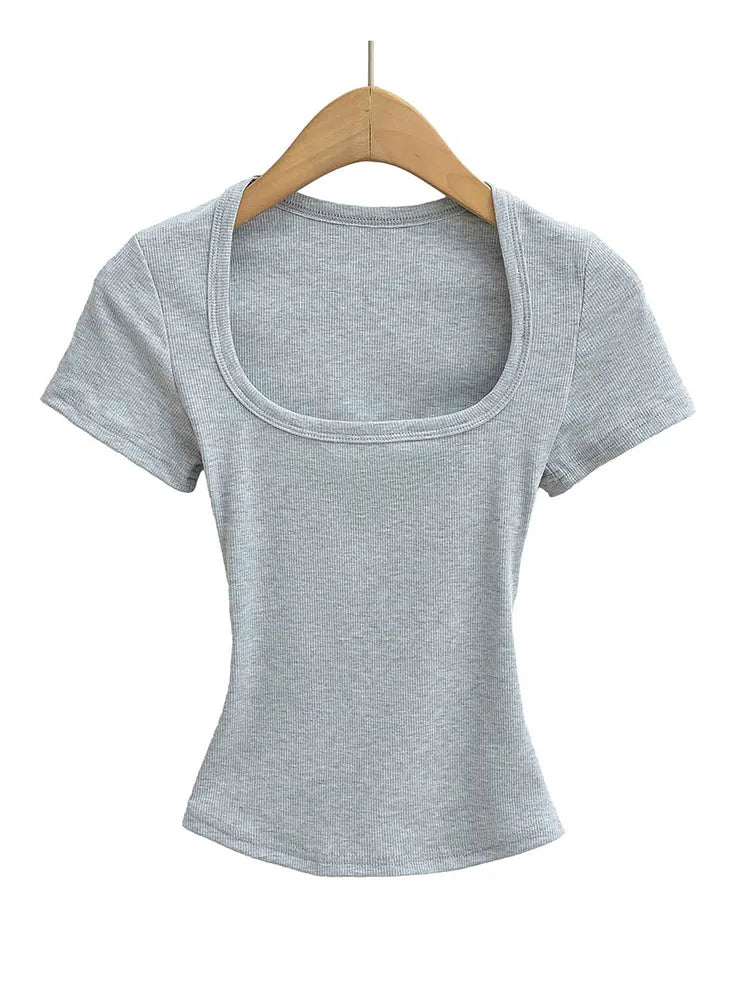 Summer square neck high elasticity crop top women's short sleeved sexy top slim fit pullover base shirt - Matrix-studios.com