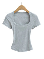 Summer square neck high elasticity crop top women's short sleeved sexy top slim fit pullover base shirt - Matrix-studios.com