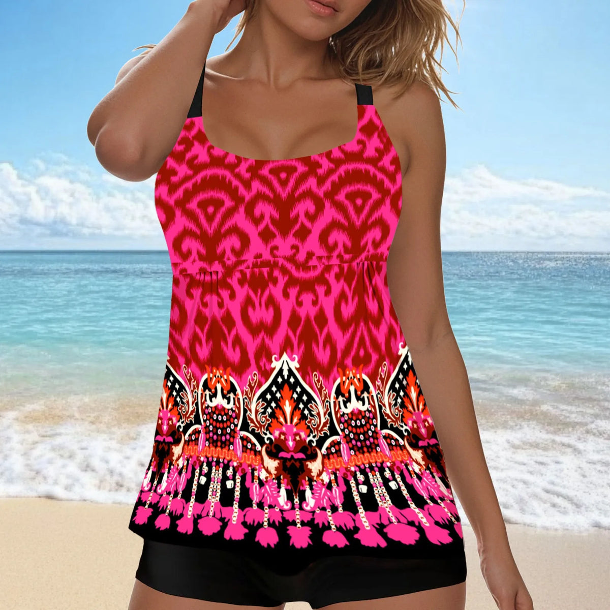 New Plus Size Beach Swimsuit Women Casual Simple Split Fashion Flower Print Swimsuit Full Coverage Bikini Tankini Swimwear - Matrix-studios.com