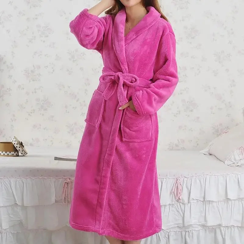 Coral Fleece Long Robe Kimono Gown Winter Warm Flannel Nightdress Bathrobe Casual Sleepwear Intimate Lingerie Thicken Homewear - Matrix-studios.com